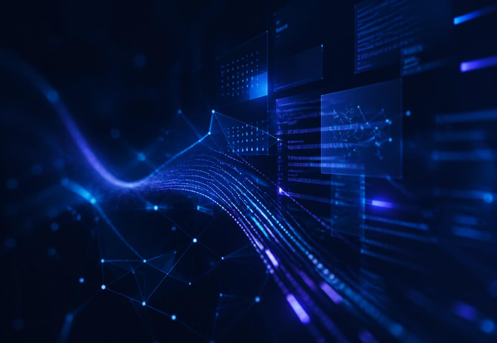 Composição visual abstrata de sistemas, código e conexões digitais
